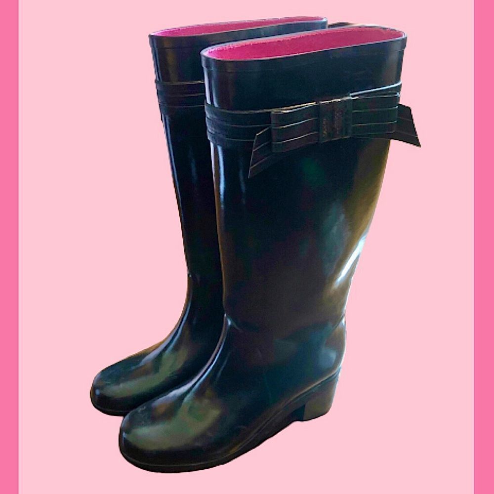 KATE SPADE New York Women’s Black Pink Knee High Bow Heeled Rain Boots Size 9M